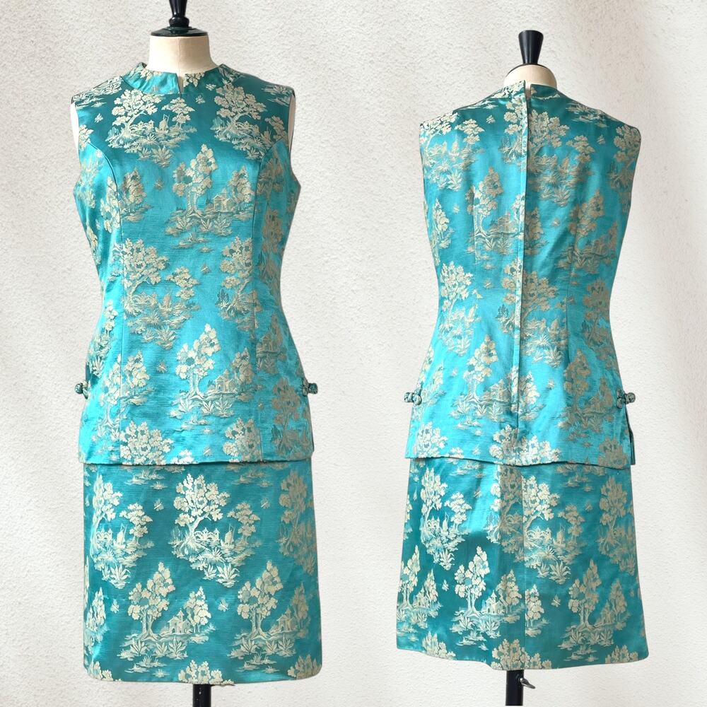 60s Brocade Chinoiserie Vintage Shift Dress Miss Brooks Scenic Print Cheongsam
